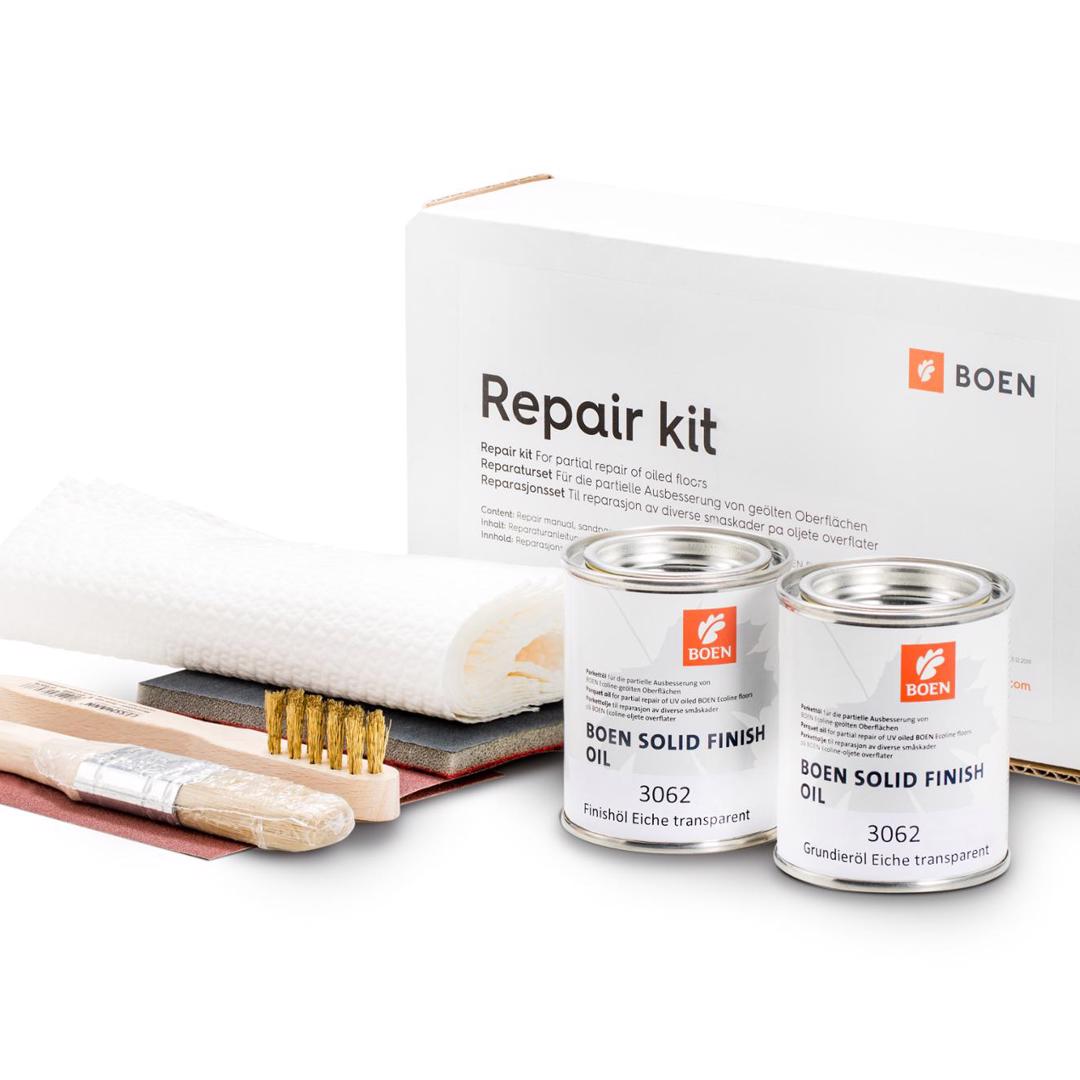 BOEN Reparaturset für Eiche (transparent)

Für die partielle Ausbesserung von geölten Oberflächen.
Inhalt: Reparaturanleitung, Schleifpapier P150,
Schleifvlies P360, 0,125l BOEN Live Natural Öl,
Farböl, Bürste, Pinsel, Pflegetücher.